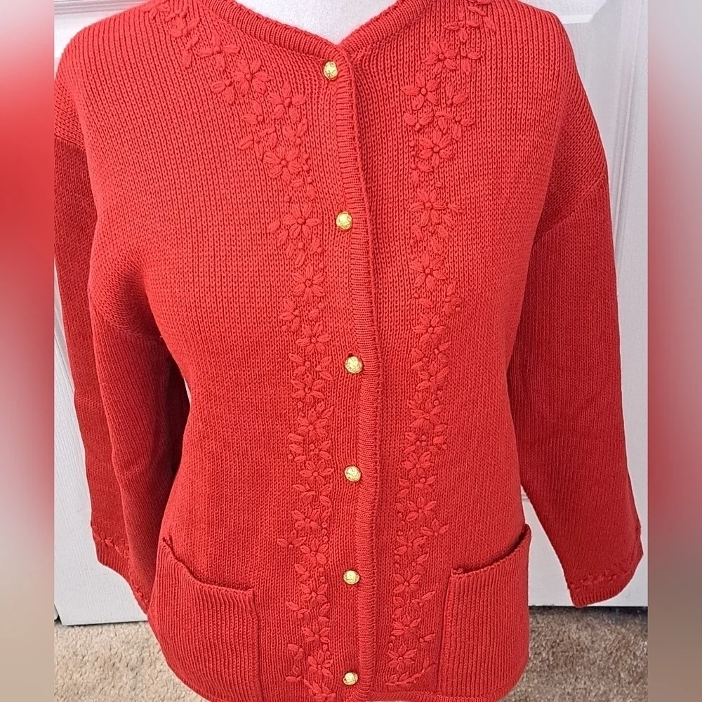 COPY - Vintage Crystal Kobe Red Knit Cardigan With Embroidered Flowers Size XL